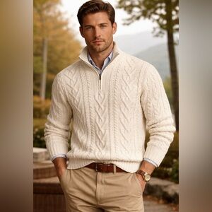 Cream Cable Knit Fisherman Sweater L Wool Saol Zip Collar Turtleneck White Ivory